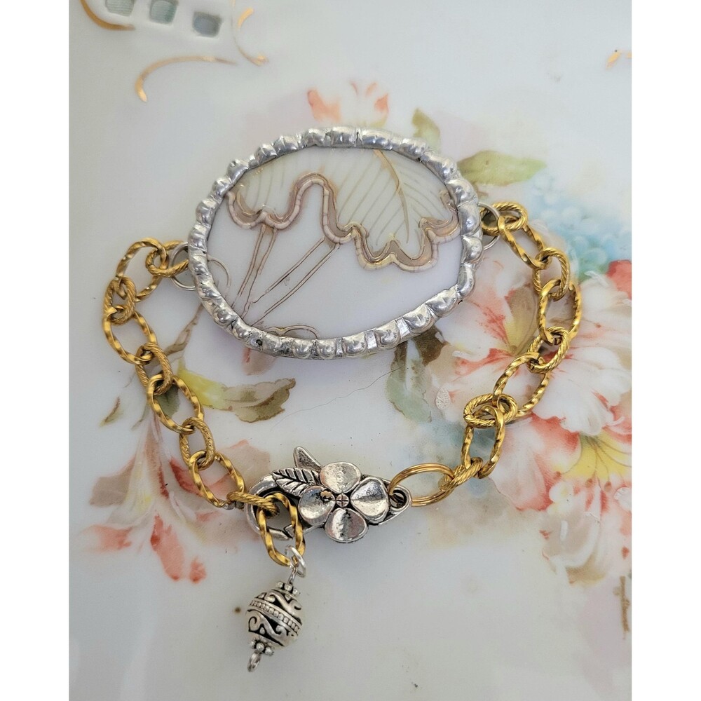 Antique Broken Porcelain Gold Raised Leaf Soldered Bracelet - Adjustable